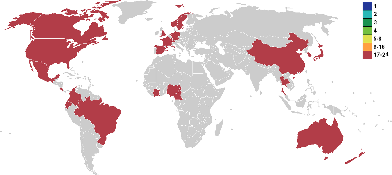 Auf dem Bild ist eine Welt·karte. Die Länder der Fußball WM 2015 sind rot.