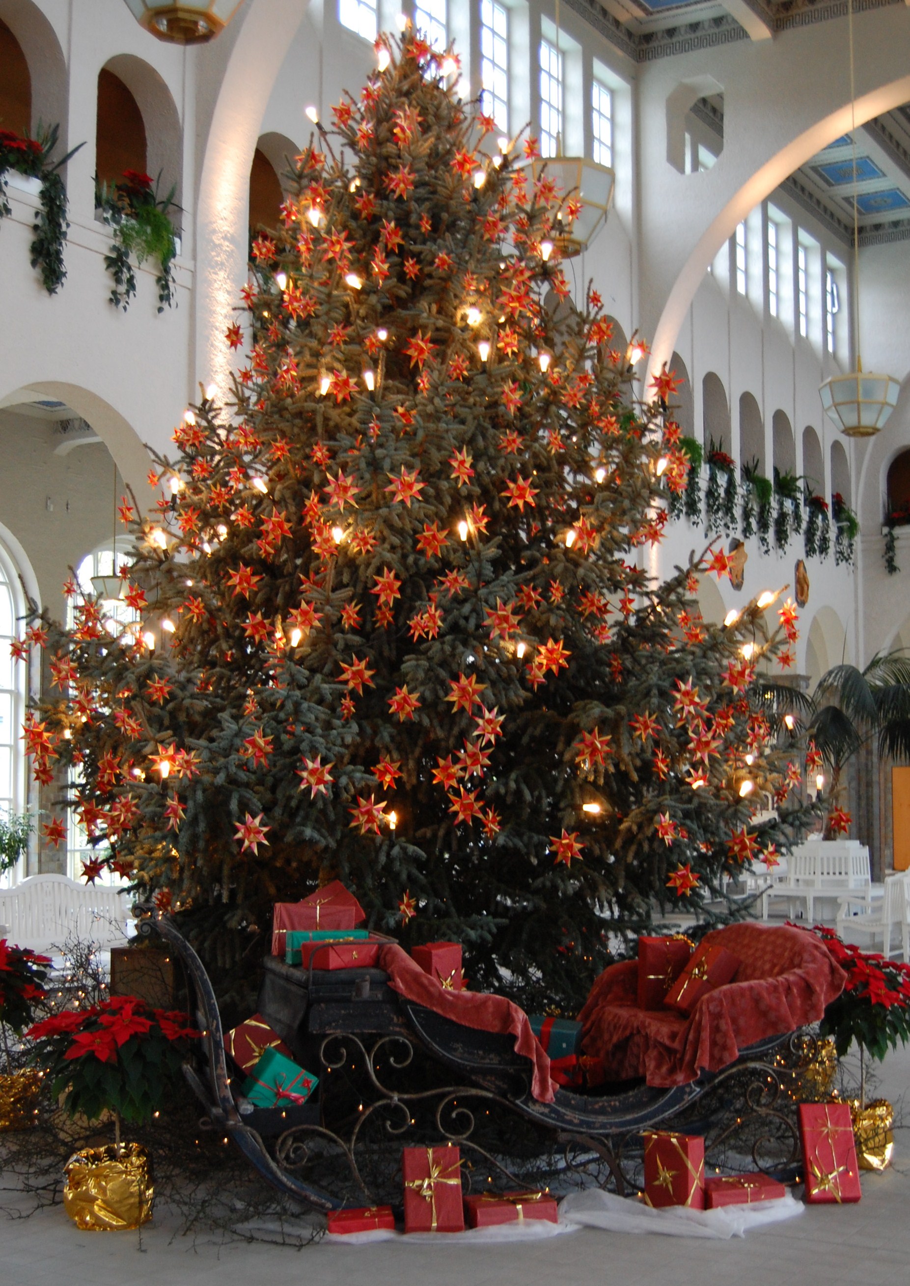 Auf dem Bild ist ein Weihnachtsbaum und eine Krippe zu sehen