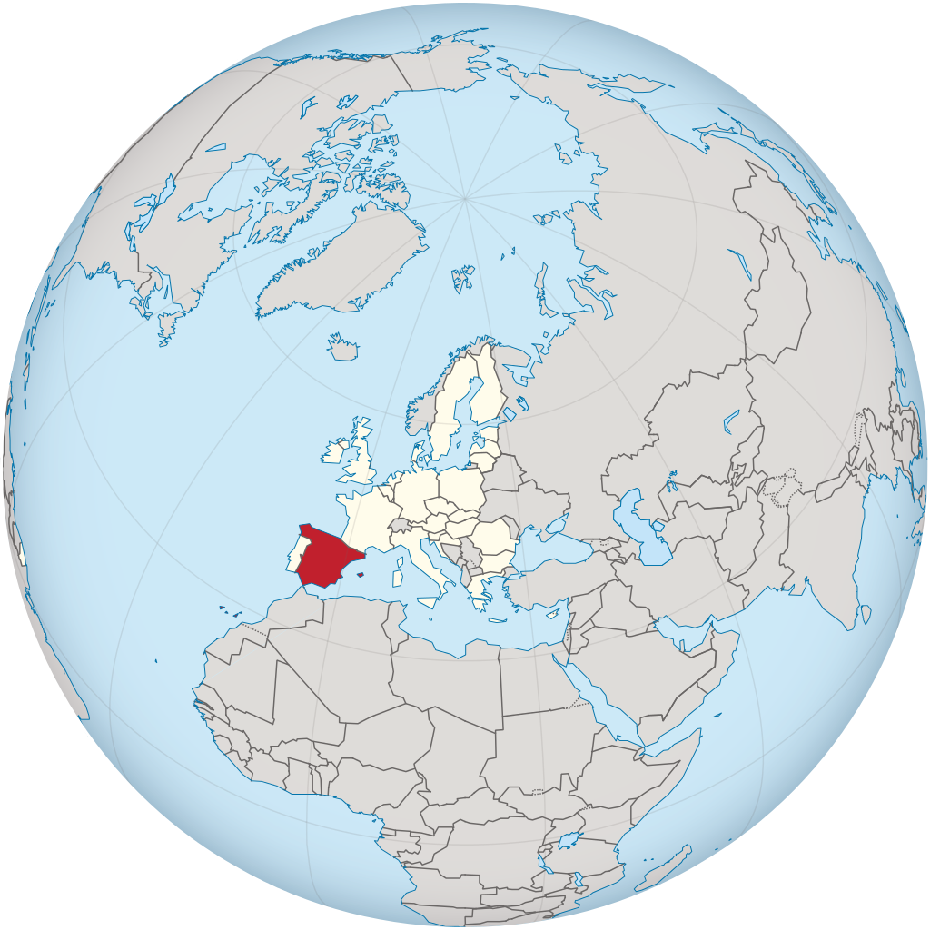 Auf dem Bild ist eine Welt·karte. Das Land Spanien ist mit der Farbe Rot angemalt.