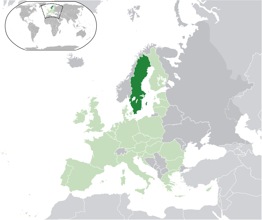 Auf dem Bild ist eine Land·karte. Das Land Schweden ist grün angemalt.
